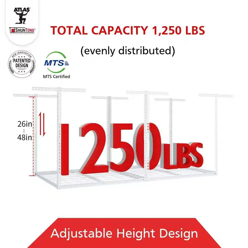 Porte-bagages de garage aérien Atlas Pro 4'x8', capacité de charge de 500 kg, blanc