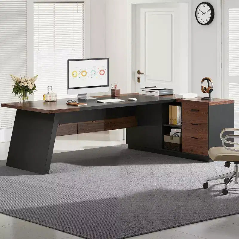 Bureau en L avec classeur mobile, cadre métallique robuste et panneau compressé de 3 cm