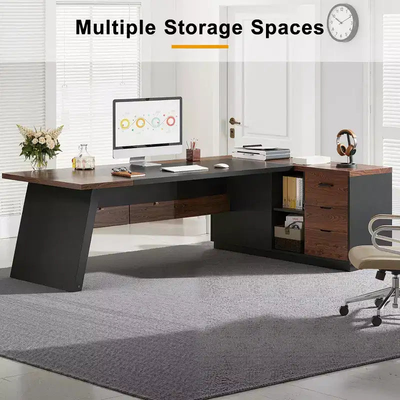 Bureau en L avec classeur mobile, cadre métallique robuste et panneau compressé de 3 cm