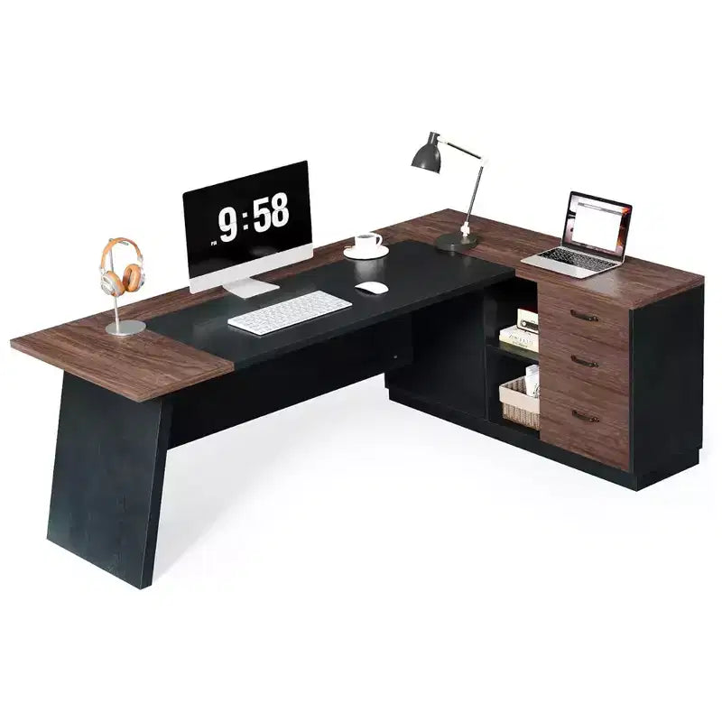 Bureau en L avec classeur mobile, cadre métallique robuste et panneau compressé de 3 cm