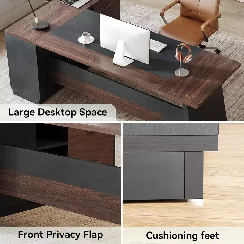 Bureau en L avec classeur mobile, cadre métallique robuste et panneau compressé de 3 cm
