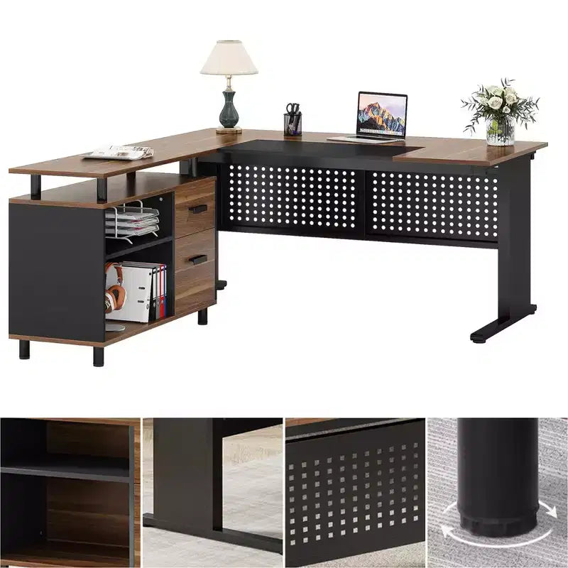 Bureau en L avec classeur mobile, cadre métallique robuste et panneau compressé de 3 cm