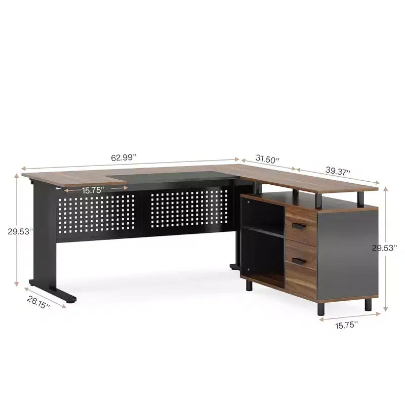 Bureau en L avec classeur mobile, cadre métallique robuste et panneau compressé de 3 cm