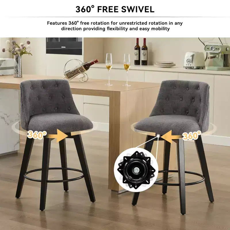 Tabouret de bar pivotant, tabouret de comptoir rembourré en lin avec dossier capitonné, chaise de salle à manger, tabouret de pub, blanc/gris foncé (lot de 2)
