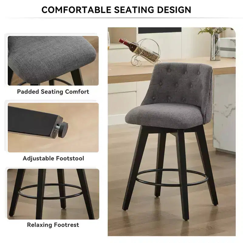 Tabouret de bar pivotant, tabouret de comptoir rembourré en lin avec dossier capitonné, chaise de salle à manger, tabouret de pub, blanc/gris foncé (lot de 2)