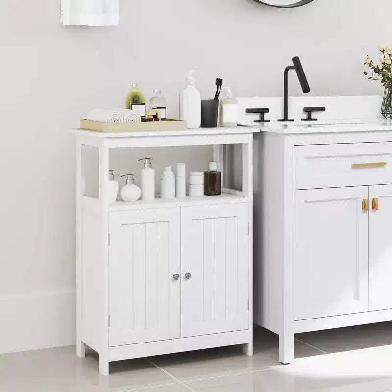 Meuble de Salle de Bain Autoportant avec 2 Portes et Compartiment Ouvert Noir/Blanc