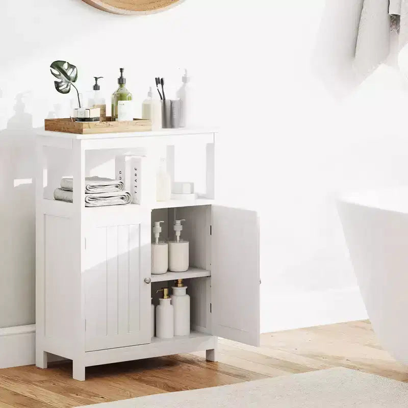 Meuble de Salle de Bain Autoportant avec 2 Portes et Compartiment Ouvert Noir/Blanc