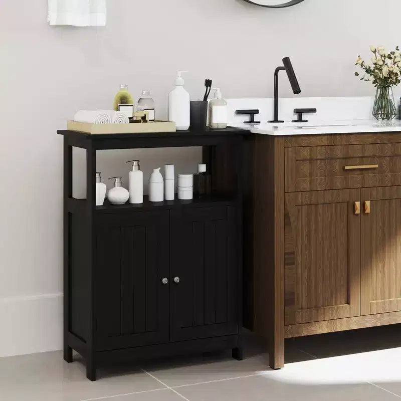 Meuble de Salle de Bain Autoportant avec 2 Portes et Compartiment Ouvert Noir/Blanc