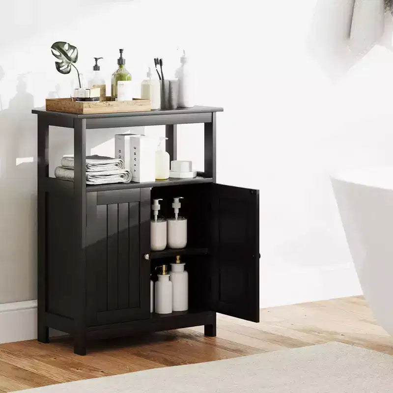 Meuble de Salle de Bain Autoportant avec 2 Portes et Compartiment Ouvert Noir/Blanc