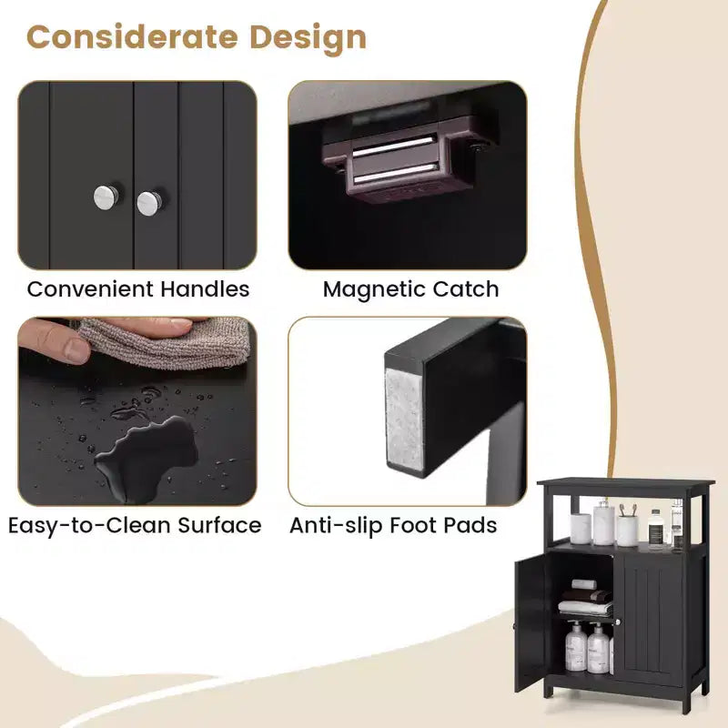 Meuble de Salle de Bain Autoportant avec 2 Portes et Compartiment Ouvert Noir/Blanc