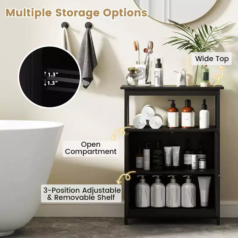 Meuble de Salle de Bain Autoportant avec 2 Portes et Compartiment Ouvert Noir/Blanc
