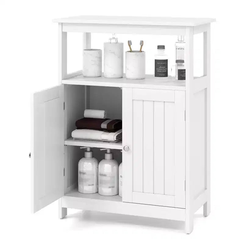 Meuble de Salle de Bain Autoportant avec 2 Portes et Compartiment Ouvert Noir/Blanc