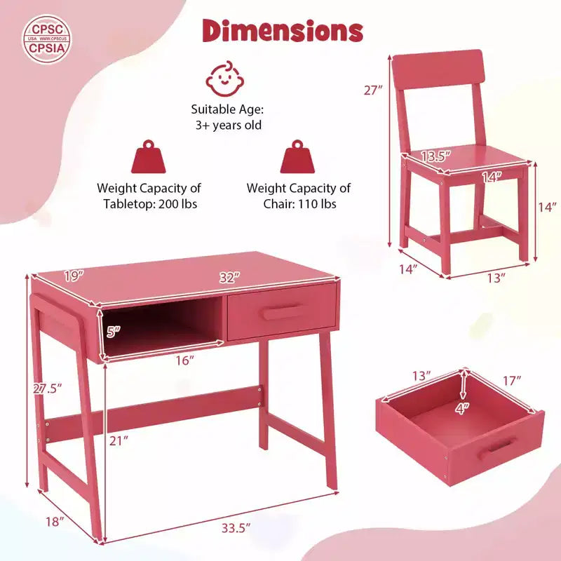 Bureau et chaise pour enfants avec tiroir de rangement et étagère, bureau d'étude marron/rose/blanc/noir