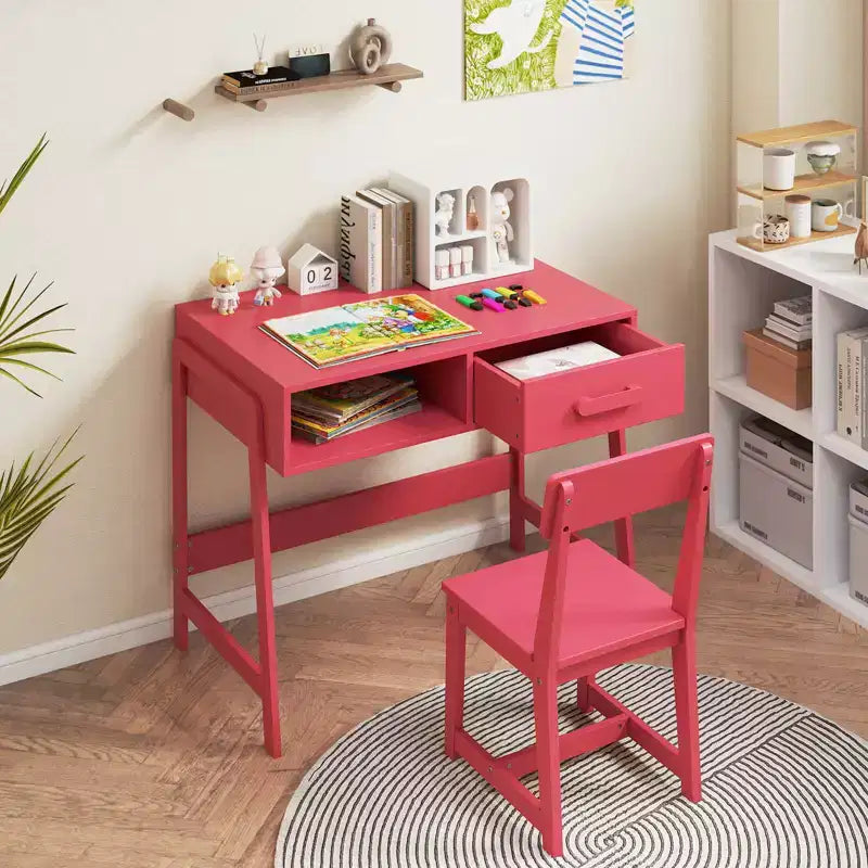 Bureau et chaise pour enfants avec tiroir de rangement et étagère, bureau d'étude marron/rose/blanc/noir