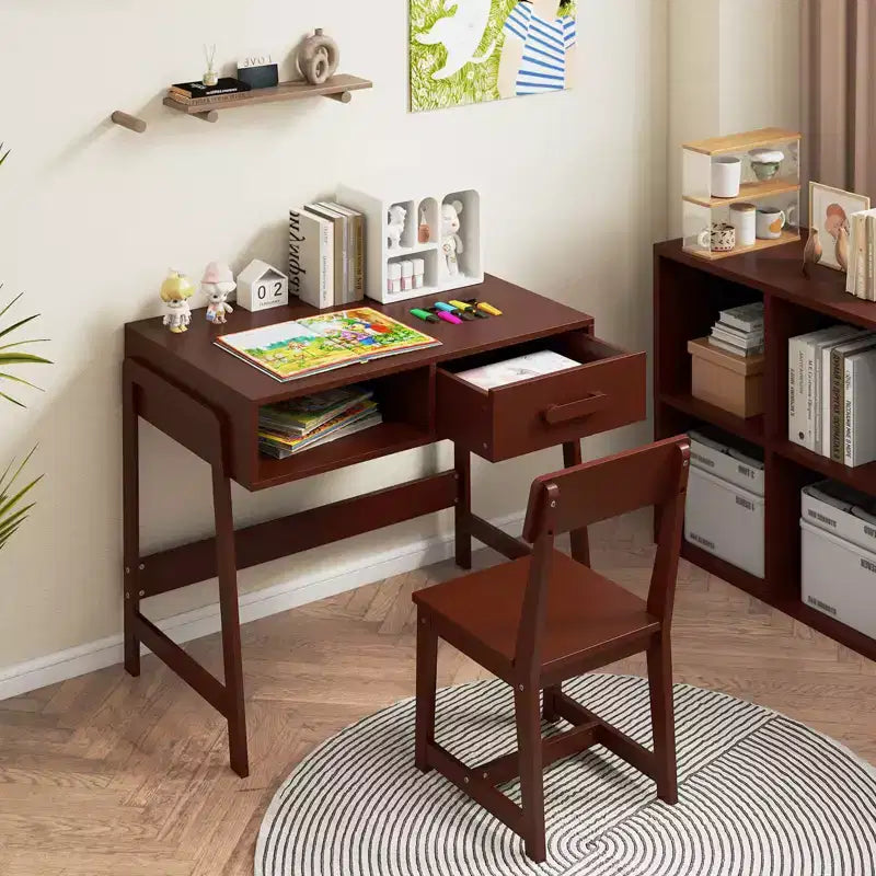 Bureau et chaise pour enfants avec tiroir de rangement et étagère, bureau d'étude marron/rose/blanc/noir
