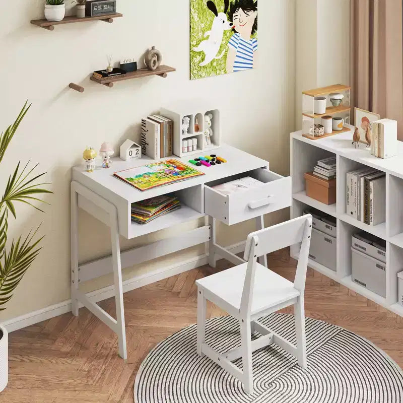 Bureau et chaise pour enfants avec tiroir de rangement et étagère, bureau d'étude marron/rose/blanc/noir