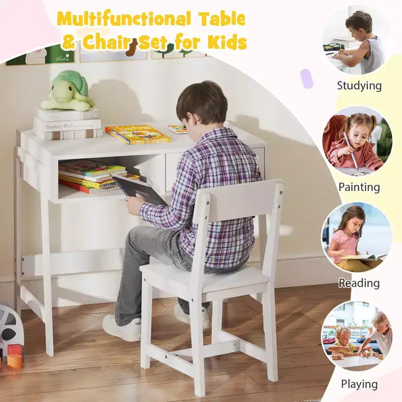 Bureau et chaise pour enfants avec tiroir de rangement et étagère, bureau d'étude marron/rose/blanc/noir