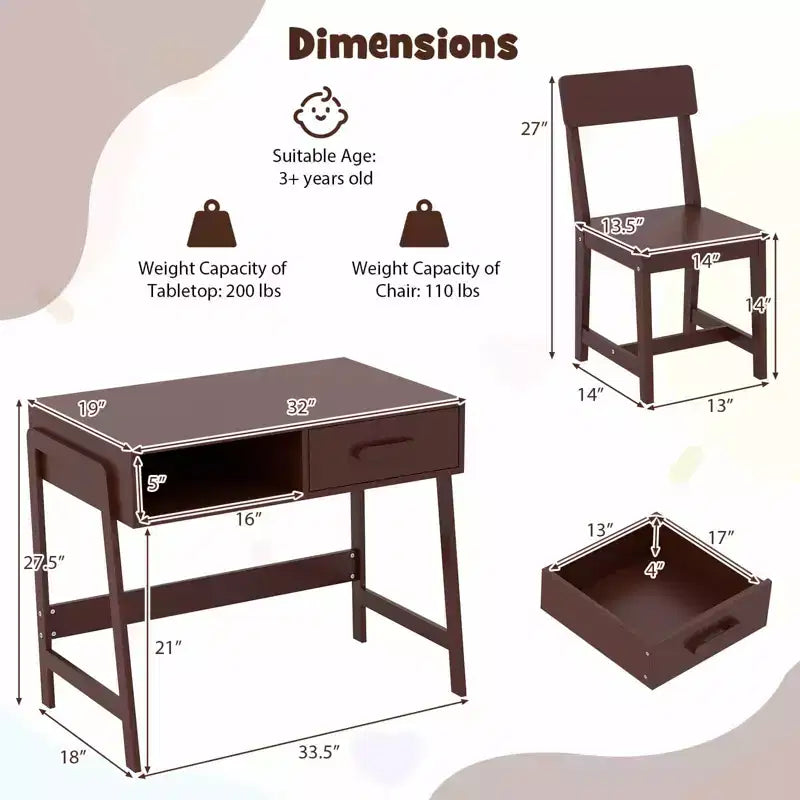 Bureau et chaise pour enfants avec tiroir de rangement et étagère, bureau d'étude marron/rose/blanc/noir