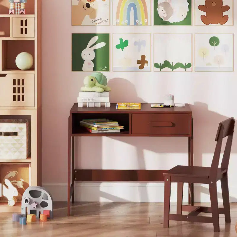 Bureau et chaise pour enfants avec tiroir de rangement et étagère, bureau d'étude marron/rose/blanc/noir