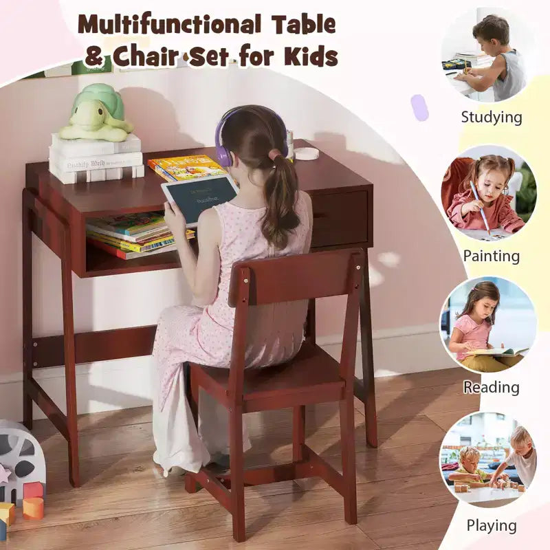 Bureau et chaise pour enfants avec tiroir de rangement et étagère, bureau d'étude marron/rose/blanc/noir