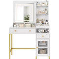 Vanity Desk with Lighted Mirror, Large Makeup Dressing Table Whit Power Outlet 2 Drawers 1 Cabinet and Open Storage Shelves for Bedroom Women Girls