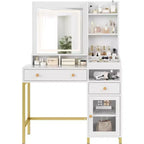 Vanity Desk with Lighted Mirror, Large Makeup Dressing Table Whit Power Outlet 2 Drawers 1 Cabinet and Open Storage Shelves for Bedroom Women Girls