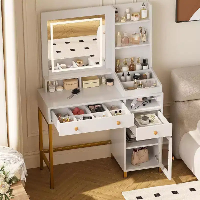 Coiffeuse avec miroir lumineux, grande table de maquillage avec prise de courant, 2 tiroirs, 1 placard et étagères de rangement ouvertes pour chambre de femmes et de jeunes filles
