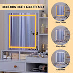 Coiffeuse avec miroir lumineux, grande table de maquillage avec prise de courant, 2 tiroirs, 1 placard et étagères de rangement ouvertes pour chambre de femmes et de jeunes filles