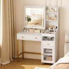 Coiffeuse avec miroir lumineux, grande table de maquillage avec prise de courant, 2 tiroirs, 1 placard et étagères de rangement ouvertes pour chambre de femmes et de jeunes filles