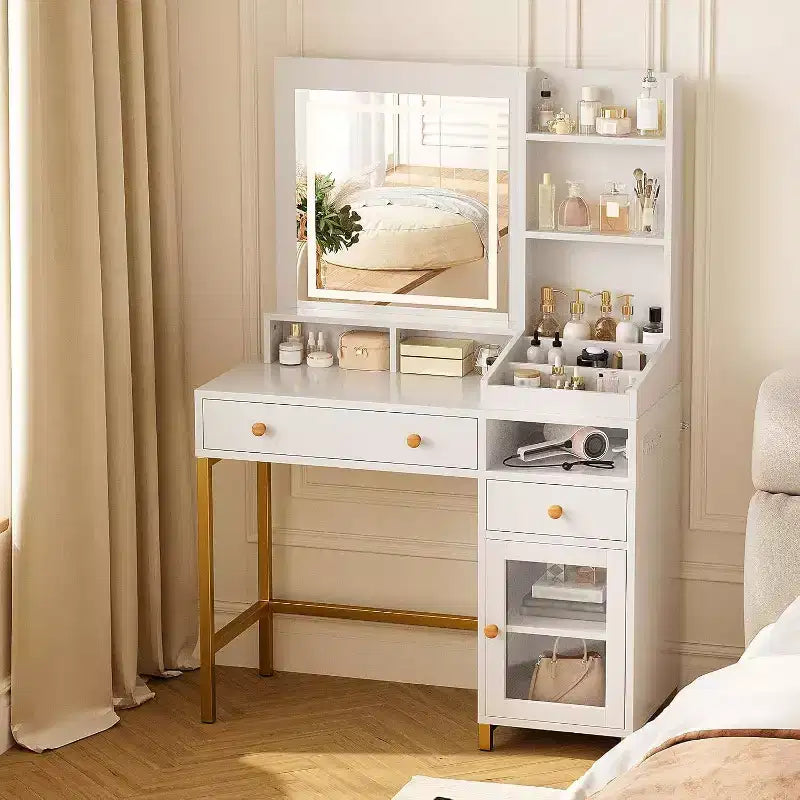 Coiffeuse avec miroir lumineux, grande table de maquillage avec prise de courant, 2 tiroirs, 1 placard et étagères de rangement ouvertes pour chambre de femmes et de jeunes filles