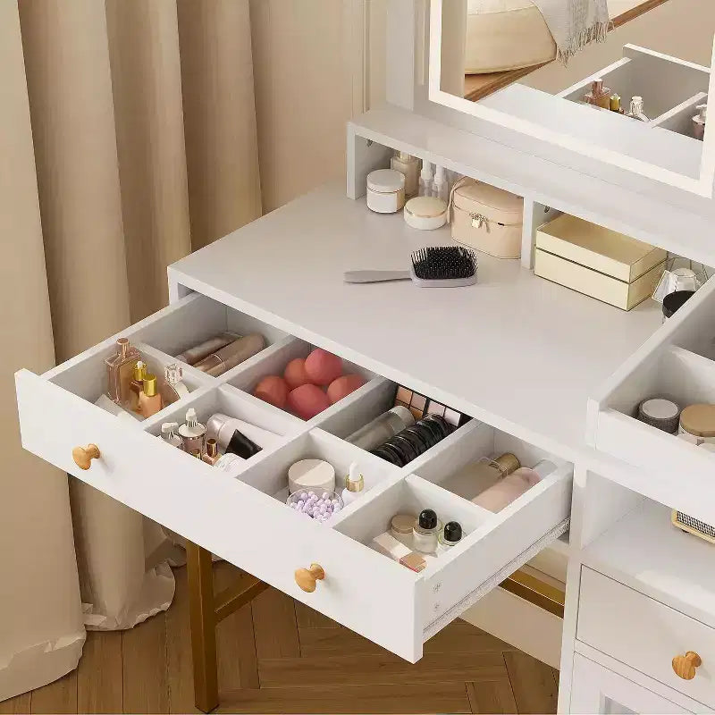 Coiffeuse avec miroir lumineux, grande table de maquillage avec prise de courant, 2 tiroirs, 1 placard et étagères de rangement ouvertes pour chambre de femmes et de jeunes filles