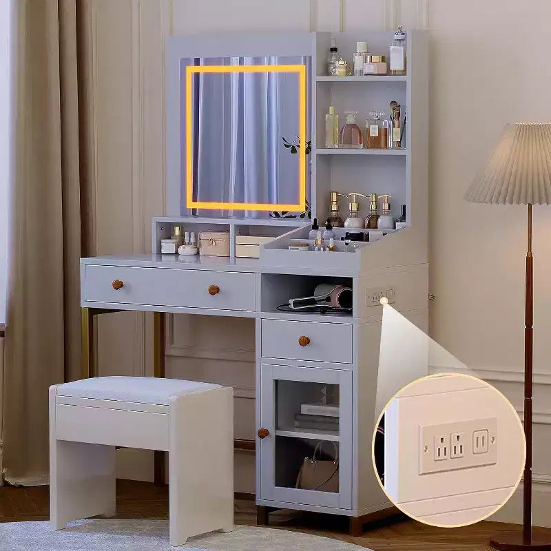 Coiffeuse avec miroir lumineux, grande table de maquillage avec prise de courant, 2 tiroirs, 1 placard et étagères de rangement ouvertes pour chambre de femmes et de jeunes filles
