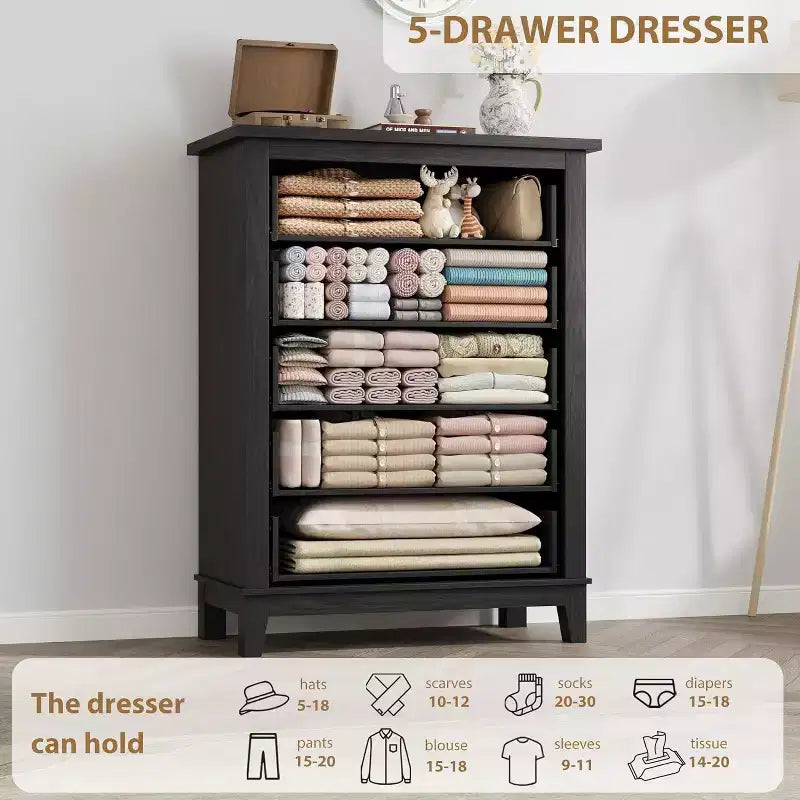 Commode 5 tiroirs pour chambre à coucher, commode verticale de 105 cm de haut avec rangement indépendant, meuble de rangement en bois pour salon, chambre à coucher, entrée