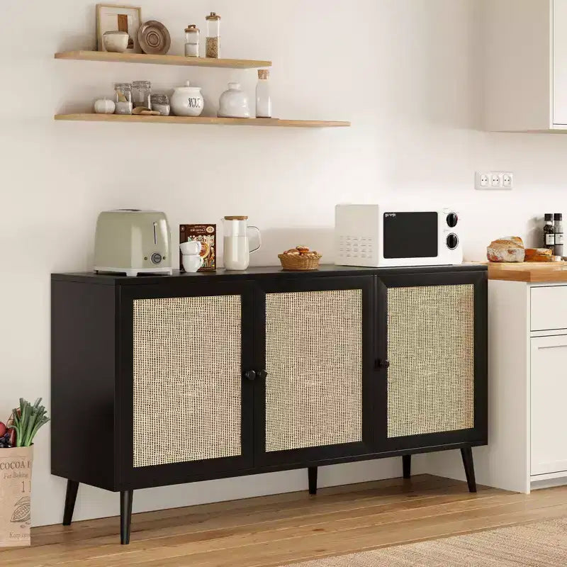 Meuble d'appoint à 3 portes en rotin, meuble de rangement de cuisine, pieds réglables modernes