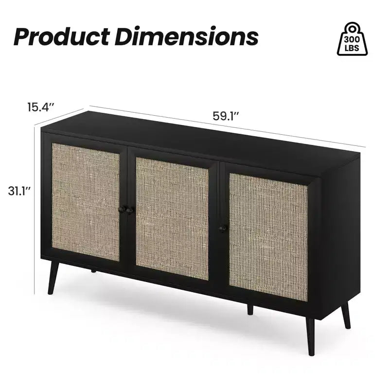 Meuble d'appoint à 3 portes en rotin, meuble de rangement de cuisine, pieds réglables modernes