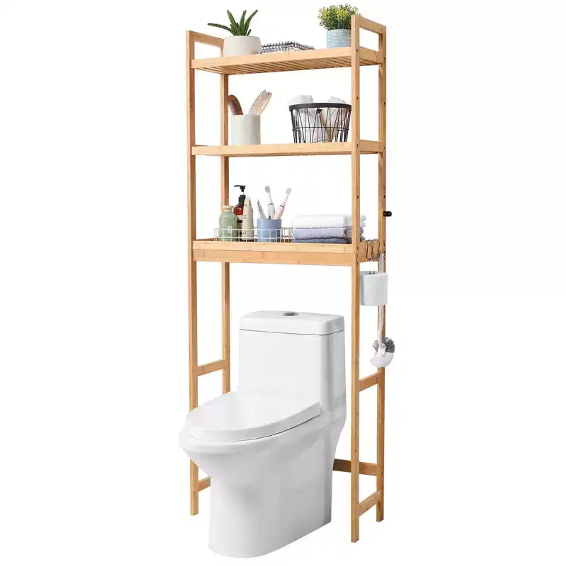 VEVOR Over the Toilet Storage, 3-Tier Adjustable Over Toilet Bathroom Organizer, Bamboo Storage Shelf Rack with 3 Hooks, Fit Most Toilets, Bamboo