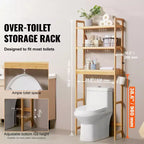 Étagère de rangement au-dessus des toilettes, Organisateur de salle de bain à 3 niveaux réglables au-dessus des toilettes, Étagère de rangement en bambou avec 3 crochets, Convient à la plupart des toilettes, Bambou