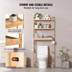 Étagère de rangement au-dessus des toilettes, Organisateur de salle de bain à 3 niveaux réglables au-dessus des toilettes, Étagère de rangement en bambou avec 3 crochets, Convient à la plupart des toilettes, Bambou