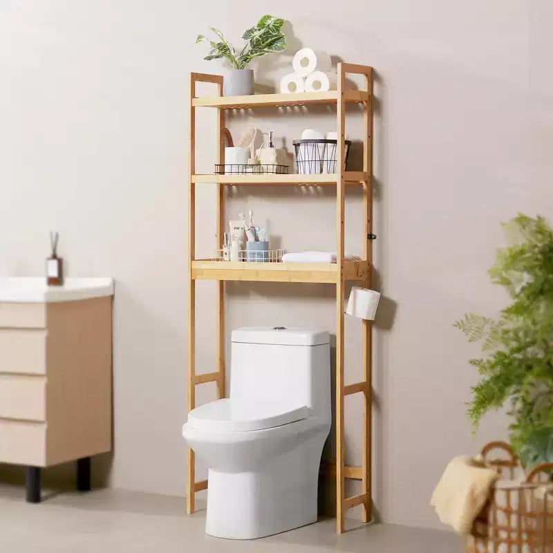Étagère de rangement au-dessus des toilettes, Organisateur de salle de bain à 3 niveaux réglables au-dessus des toilettes, Étagère de rangement en bambou avec 3 crochets, Convient à la plupart des toilettes, Bambou
