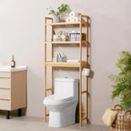 Étagère de rangement au-dessus des toilettes, Organisateur de salle de bain à 3 niveaux réglables au-dessus des toilettes, Étagère de rangement en bambou avec 3 crochets, Convient à la plupart des toilettes, Bambou