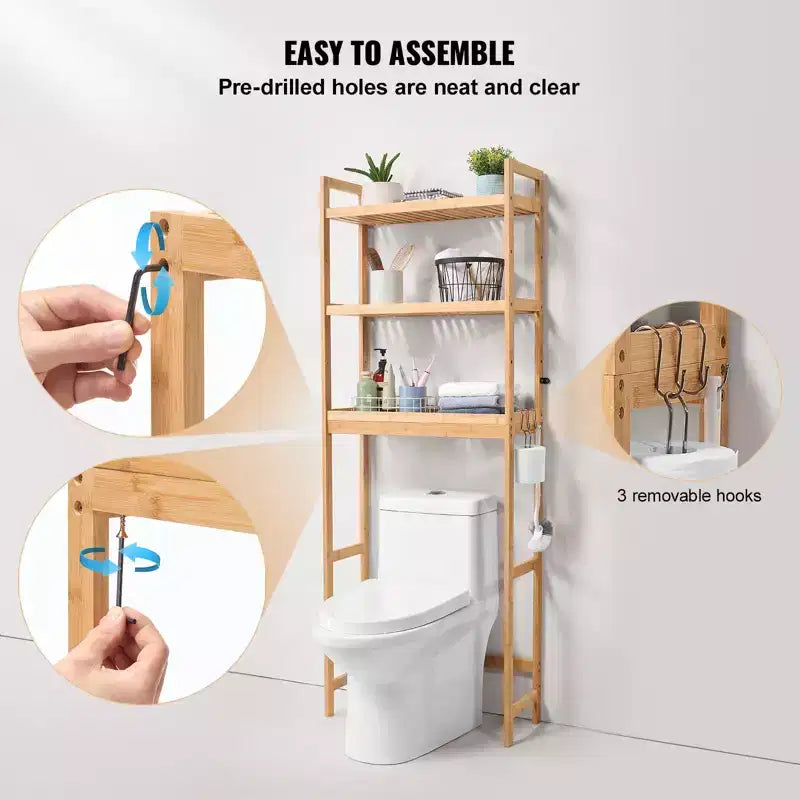 Étagère de rangement au-dessus des toilettes, Organisateur de salle de bain à 3 niveaux réglables au-dessus des toilettes, Étagère de rangement en bambou avec 3 crochets, Convient à la plupart des toilettes, Bambou
