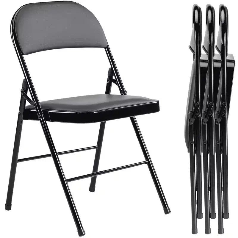 Chaise Pliante 4 Pièces en Cuir Rembourrée Extérieur Intérieur pour Maison Bureau Fête Confortable Noire