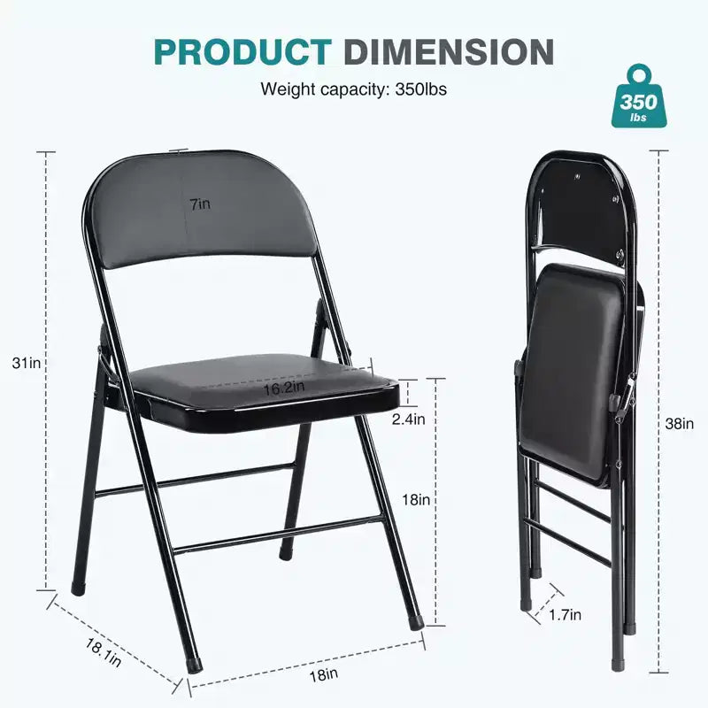 Chaise Pliante 4 Pièces en Cuir Rembourrée Extérieur Intérieur pour Maison Bureau Fête Confortable Noire