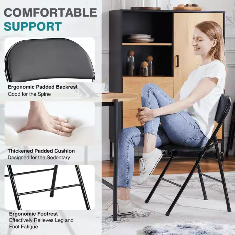 Chaise Pliante 4 Pièces en Cuir Rembourrée Extérieur Intérieur pour Maison Bureau Fête Confortable Noire