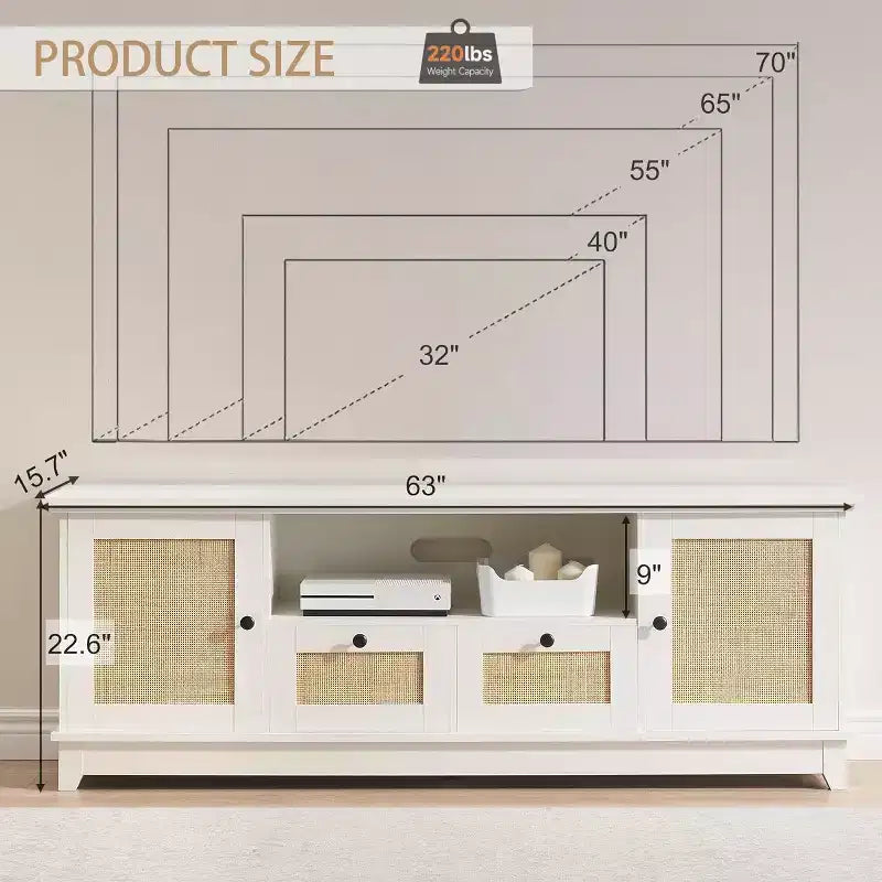 Meuble TV Moderne de 65 Pouces avec Portes en Rotin Tressé - Console Multimédia Élégante avec Étagères de Rangement pour Salon et Divertissement