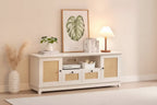Meuble TV Moderne de 65 Pouces avec Portes en Rotin Tressé - Console Multimédia Élégante avec Étagères de Rangement pour Salon et Divertissement