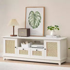 Meuble TV Moderne de 65 Pouces avec Portes en Rotin Tressé - Console Multimédia Élégante avec Étagères de Rangement pour Salon et Divertissement