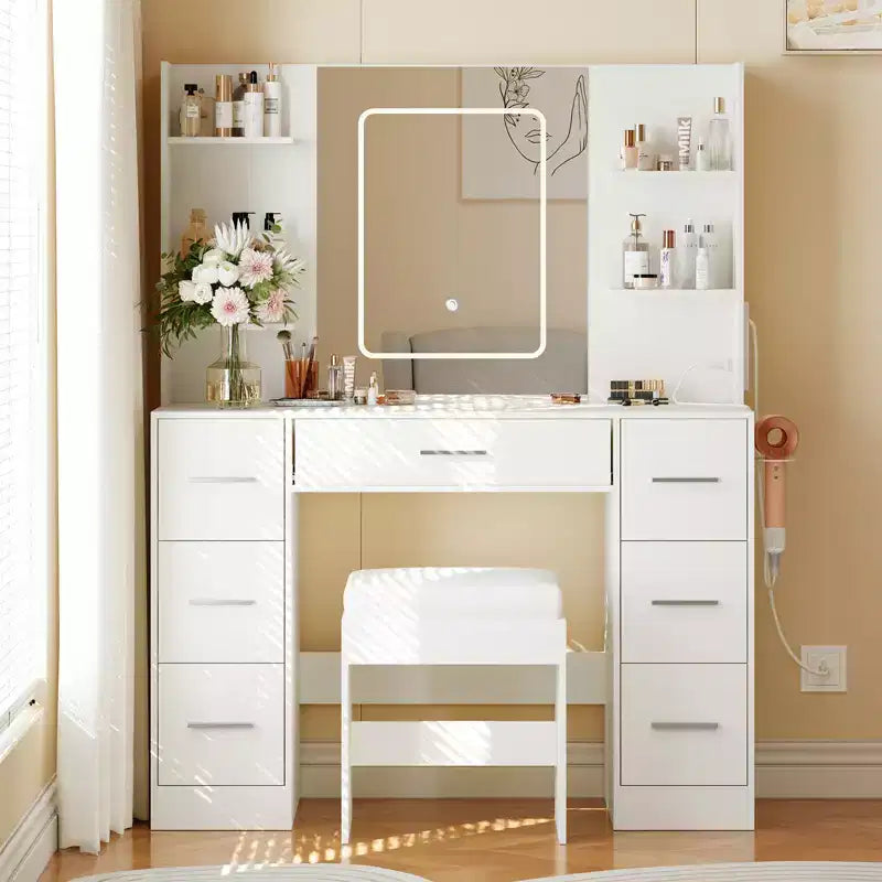 Coiffeuse avec miroir et chaise, support pour sèche-cheveux, 7 tiroirs, 3 modes d'éclairage réglables
