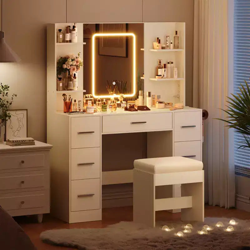 Coiffeuse avec miroir et chaise, support pour sèche-cheveux, 7 tiroirs, 3 modes d'éclairage réglables