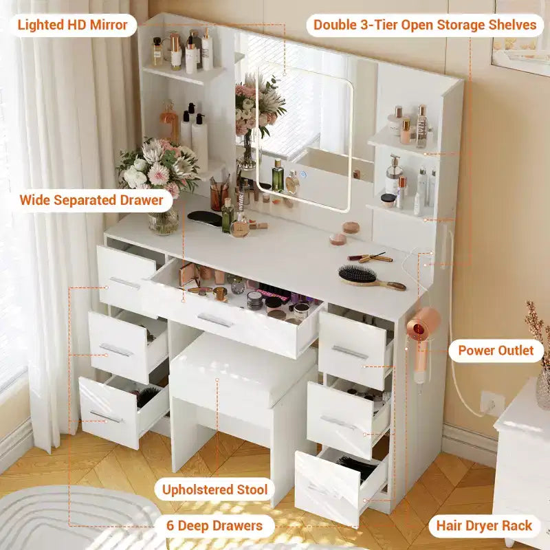 Coiffeuse avec miroir et chaise, support pour sèche-cheveux, 7 tiroirs, 3 modes d'éclairage réglables